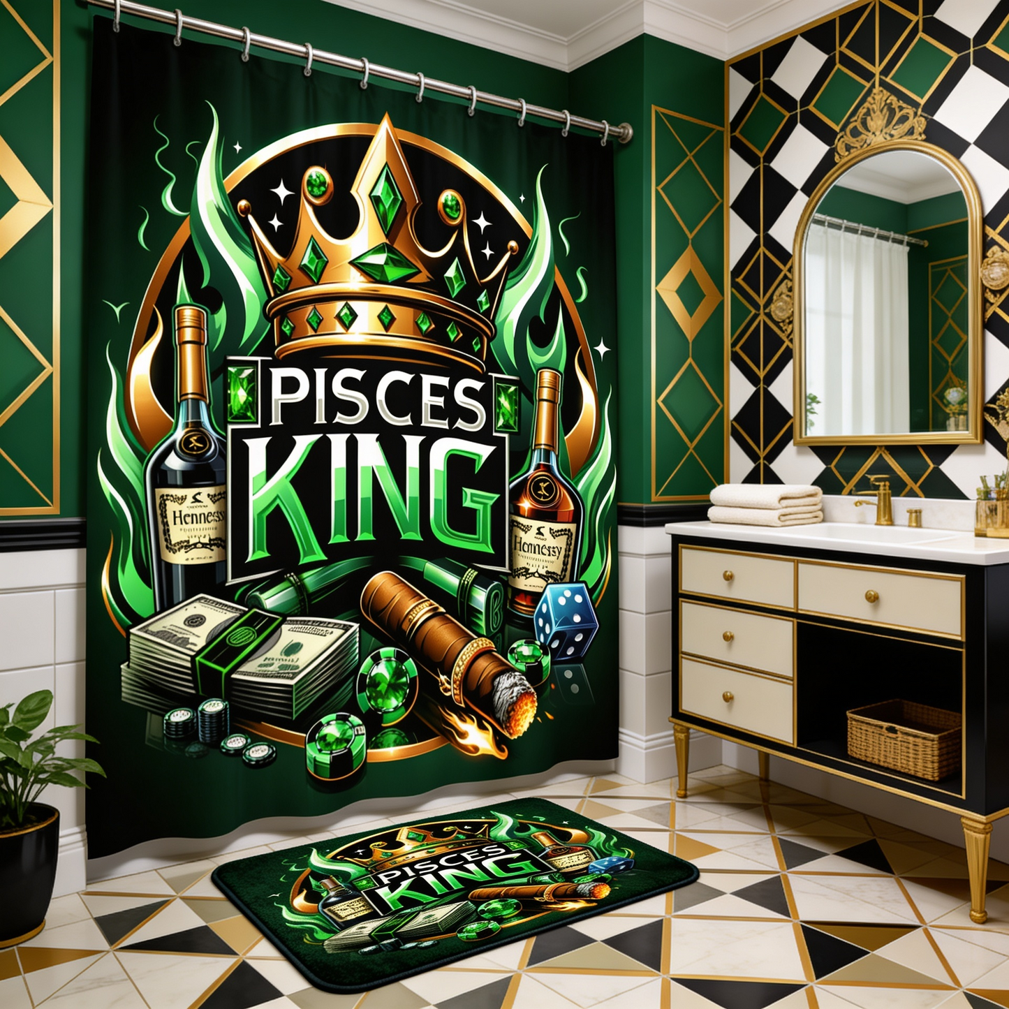 Copycat-Creations Green Pisces Zodiac King 2pcs Shower Curtain Set