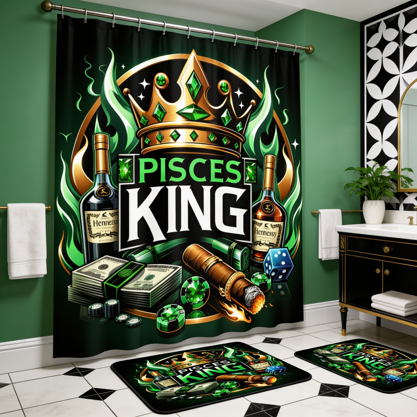 Copycat-Creations Green Pisces Zodiac King 2pcs Shower Curtain Set
