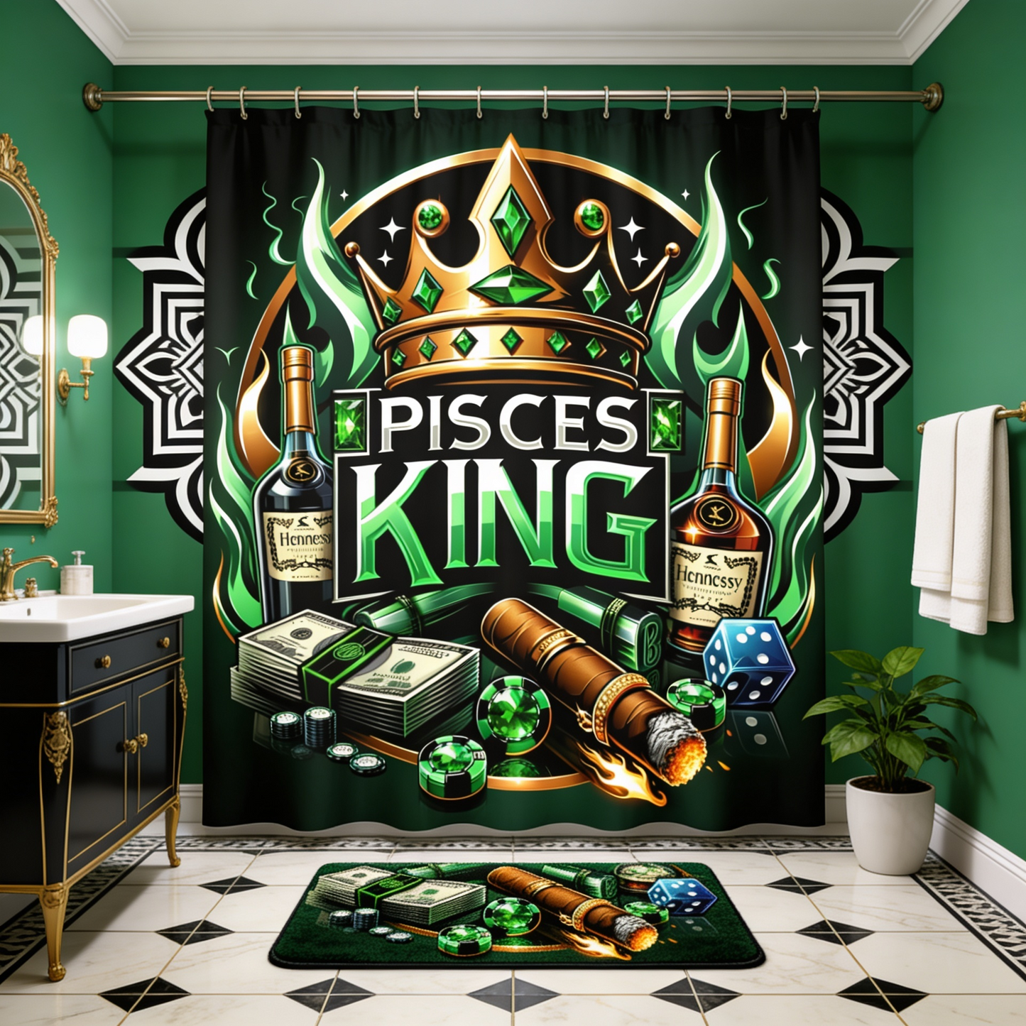Copycat-Creations Green Pisces Zodiac King 2pcs Shower Curtain Set